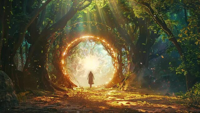 enchanted forest exploration interdimensional being. seamless looping overlay 4k virtual video animation background