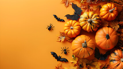 Modern pumpkins spiders, bats frame flat lay on orange background with space for text. Halloween decorations on orange background. - obrazy, fototapety, plakaty