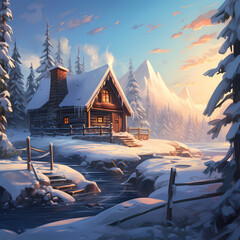 A snowy winter scene with a cozy cabin. 