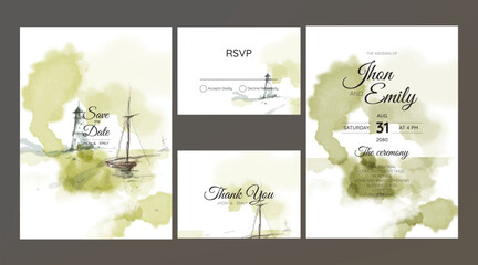 Sea and lighthouse watercolor landscape wedding invitation