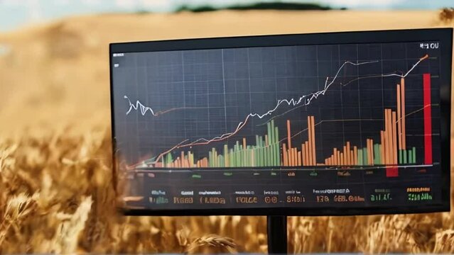 the screen displays financial charts with wheat field in the background