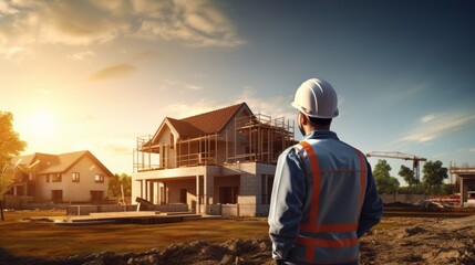 inspector or engineer is inspecting construction and quality assurance new house. Engineers or architects or contactor work to build the house before handing, generate by AI.