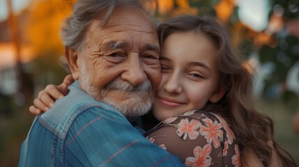 Naklejka premium father day, cute teen girl hugging mature middle age dad. Love, kiss, care, happy smile enjoy family time. celebrate special occasion, happy birthday, merry Christmas. special day