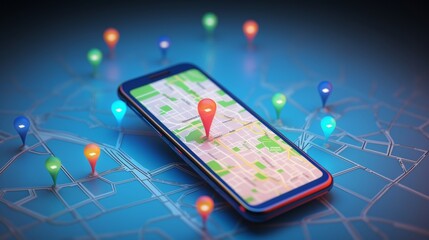 Smartphone with map, 3D Map pins, GPS, navigator pin checking points, 3D World Map icon, technology and application mobile smart phone with mobile, delivery tracking, transportation, generate by AI.