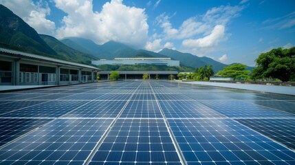 Solar panel on factory or house roof top. Photovoltaic power supply systems. Solar power plant. The source of ecological renewable energy, environment, power, technology