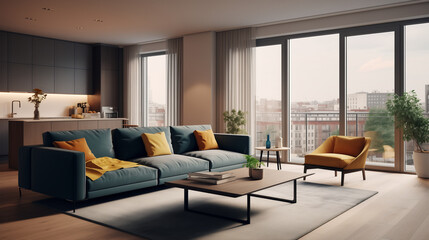 Fototapeta premium Stylish Living Room with Blue Sofa and Accent Yellow Pillows
