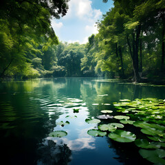 A tranquil lake surrounded by lush greenery. 