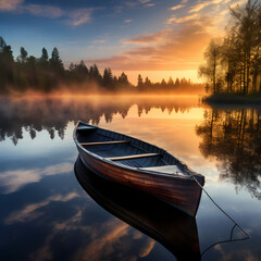 A tranquil lake with a rowboat at sunrise.