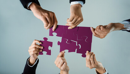 Top view panorama banner of business team assembling jigsaw puzzle over table symbolize business...