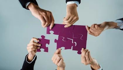Tuinposter Top view panorama banner of business team assembling jigsaw puzzle over table symbolize business partnership and collective teamwork for HR recruitment and job seeker background. Shrewd © Summit Art Creations