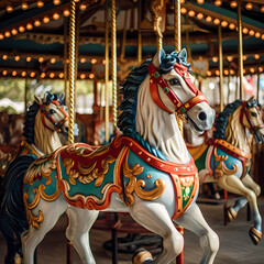 Fototapeta na wymiar A whimsical carousel with brightly painted horses.