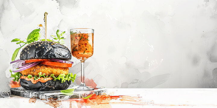 Vegan burger with black buns, carrot patty on a light background. Banner, copy space.Tasty fast food concept.