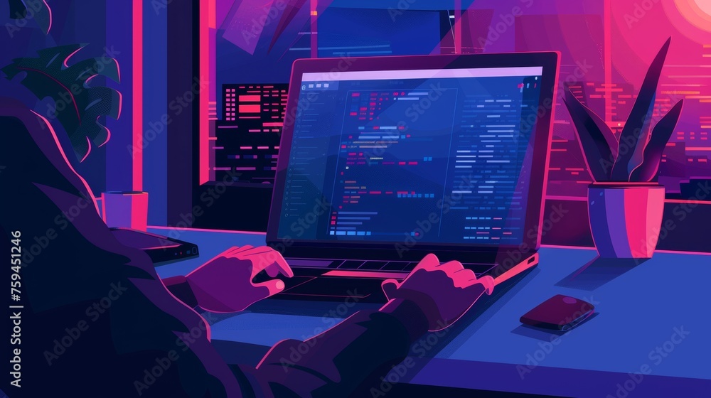 Fototapete a clipart illustration showing hands working on a laptop at a desk. a programmer working at their de