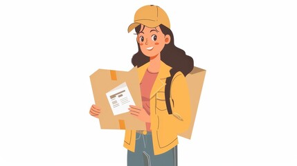 Taking delivery of parcels and documents. Female postman in delivery service carrying waybill, order in box, and warranty in hands. Isolated flat modern illustration on white.