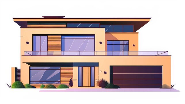Residence building exterior. Real estate, property. Residence with garage, windows, residence architecture. Isolated flat modern illustration.
