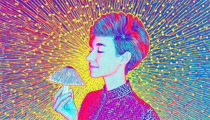 A highly stylized psychedelic, colorful illustration of a young woman holding a magic mushroom with beams of light emanating - obrazy, fototapety, plakaty