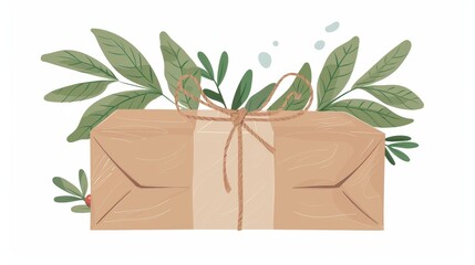 Christmas present wrapped in brown kraft paper, decorated with eco green decor, on a white background. Modern flat graphic illustration.