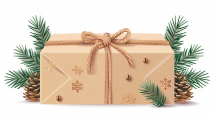 Fototapeta na wymiar An isolated graphic modern illustration of a Christmas gift box with twine and a winter fir branch decoration. It is a festive kraft brown package, which comes with a surprise for Xmas.