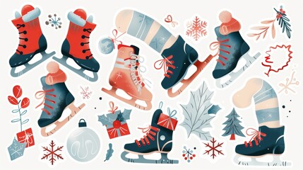 Merry Christmas, winter holiday sticker design. Xmas decoration, festive card, sport decor composition with ice skates, elements of the Christmas season. Isolated flat modern illustration.