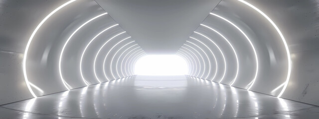 an empty space of a white tunnel with lights lighting up the dark hole