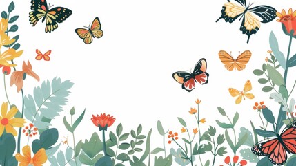 Inexpensive flat modern illustration of butterflies with decorative border designs. Flower, plant, beautiful flying moths on a banner background. Spring and summer exotic colorful decor.