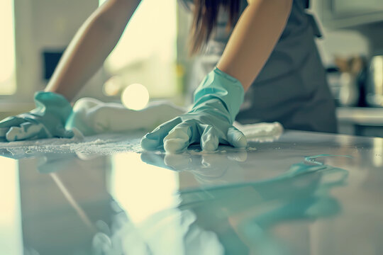 maid in her gloves cleaning table in house