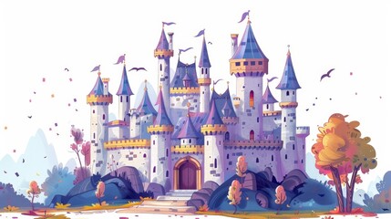 Beautiful medieval castle, fairytale fortress, amazing citadel or stronghold isolated on white background. Beautiful ancient historical building with spires. Flat cartoon modern illustration.