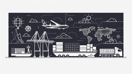 In a modern linear style, this modern illustration depicts various modes of transportation of goods. Cargo shipping, international delivery, world trade.