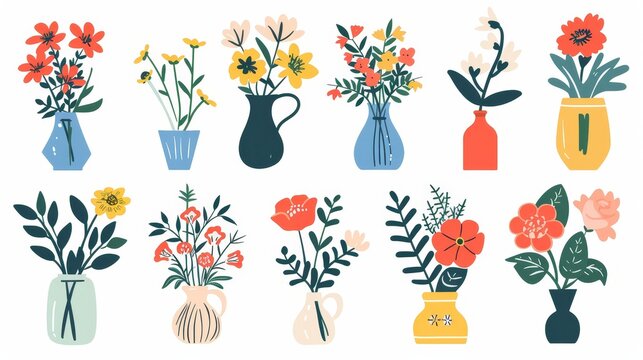 The set includes floral arrangements, bouquets, foliage, and blooming plants in pots, vases, and jugs. Modern illustration in colored flat styles isolated on white.