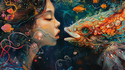 Close-up of a mermaid whispering to a colorful surreal sea creature