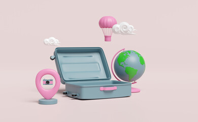 3d open suitcase empty with location pin, GPS navigator, map, cloud, globe, balloon, camera isolated on pink background. summer travel concept, 3d illustration render
