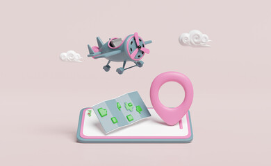 mobile phone, smartphone 3d with propeller plane, location pin, GPS navigator, map, cloud isolated on pink background. summer travel, delivery concept, 3d render illustration