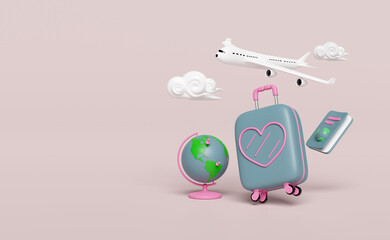 3d suitcase with passport or international travel for tourism, airplane, globe, cloud isolated on pink background. 3d render illustration