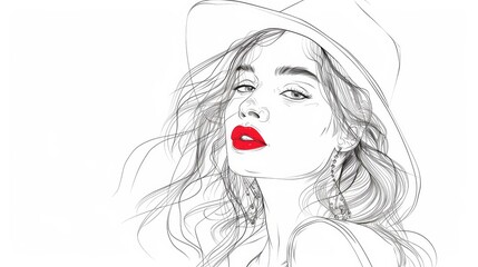 Stylized drawing of fashionable woman's face with red lips, hat, earrings, and loose hair isolated on white background. Hand drawn modern illustration.