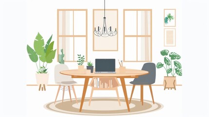 The dining room interior design features a round wood table with laptop, chairs, house plants, carpet, chandelier, and picture. The flat modern illustration is isolated on white.