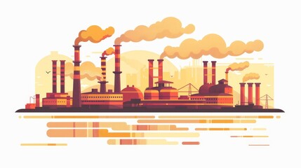 Air pollution from industry and river water. Toxic smoke emissions from factory smokestacks. Environment contamination concept. Flat modern illustration isolated on white.