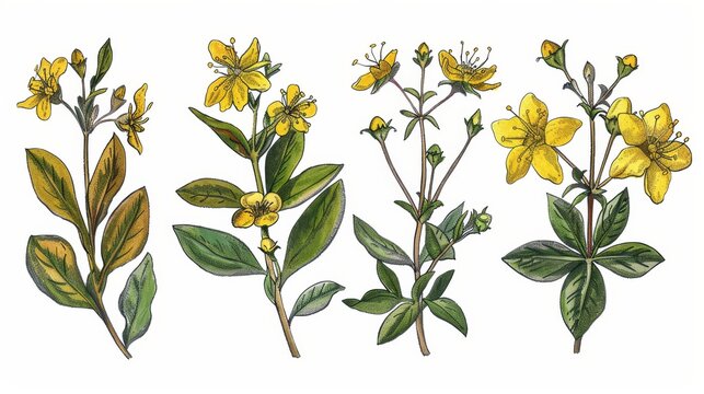 Hand drawn set of leaves, fruit, and flowers depicting St. John's wort medical botanical. Vintage sketch in colorful style.