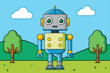 A robot stands tall in an enchanting forest filled with verdant trees.