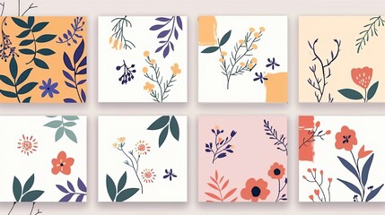 The set of flowers cards has nature background designs with floral frames. Colored flat graphic modern illustrations of blooms, blossomed plants, and landscapes.