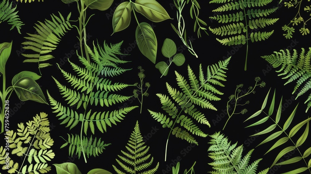 Poster this seamless pattern features ferns and other green herbs on a black background. it is an elegant m