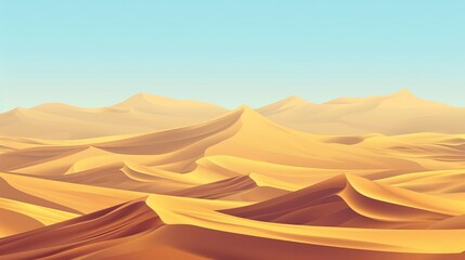 Fototapeta na wymiar Horizontal flat modern illustration, panoramic view of wild dry hot nature scenery, dead land, terrain, environment. Desert landscape background. Sand dunes, sandy hills, and sky horizon.