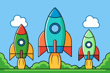 A rocket soars upwards against a leafy green backdrop, its sleek form contrasting with the organic textures of the trees.