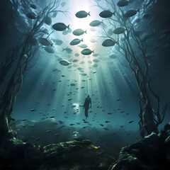 Surreal underwater scene with floating mermaids.