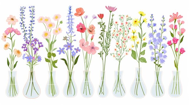 Floral bouquets, spring and summer blooms in water, natural home decorations rendered in flat modern illustrations isolated on white.