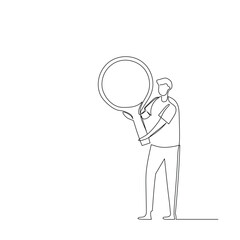 Businessman searching data using huge magnifying glass. Business data search and analysis for a solution illustration and concept. Continuous line drawing design vector