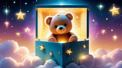 Enchanting Teddy Bear in Glowing Box: A Dreamlike Digital Illustration