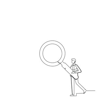recommend clip art: Continuous one line drawing businessman standing holding giant magnifier. He searches, analyzes, finds all the necessary data. Single line draw design vector illustration