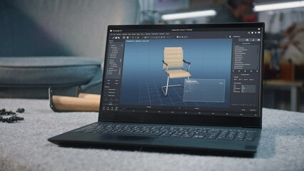 Laptop computer screen with displayed professional Ai artificial intelligence software for furniture design. 3D model of stylish wooden chair for carpentry project.