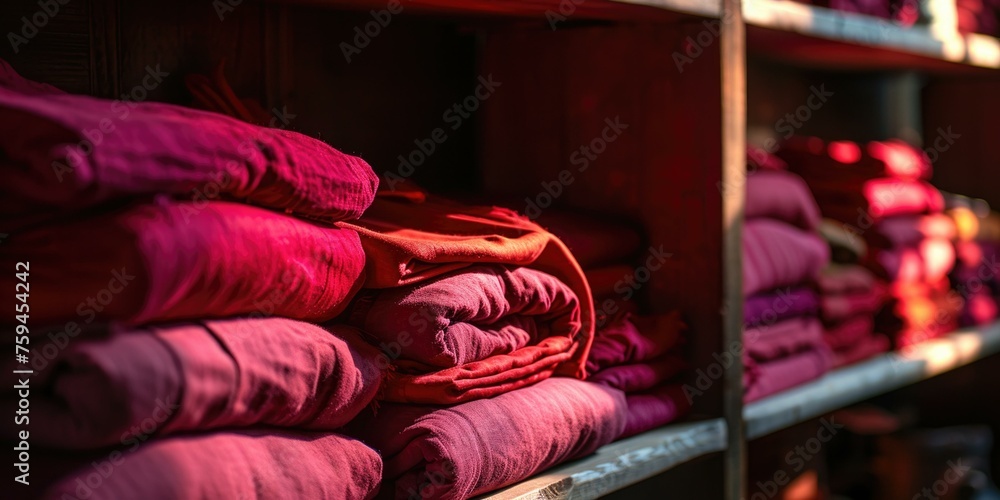 Poster A row of folded red cloths on a shelf. Generative AI.