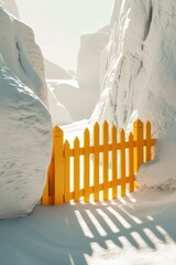 A yellow fence is in the snow. Generative AI.